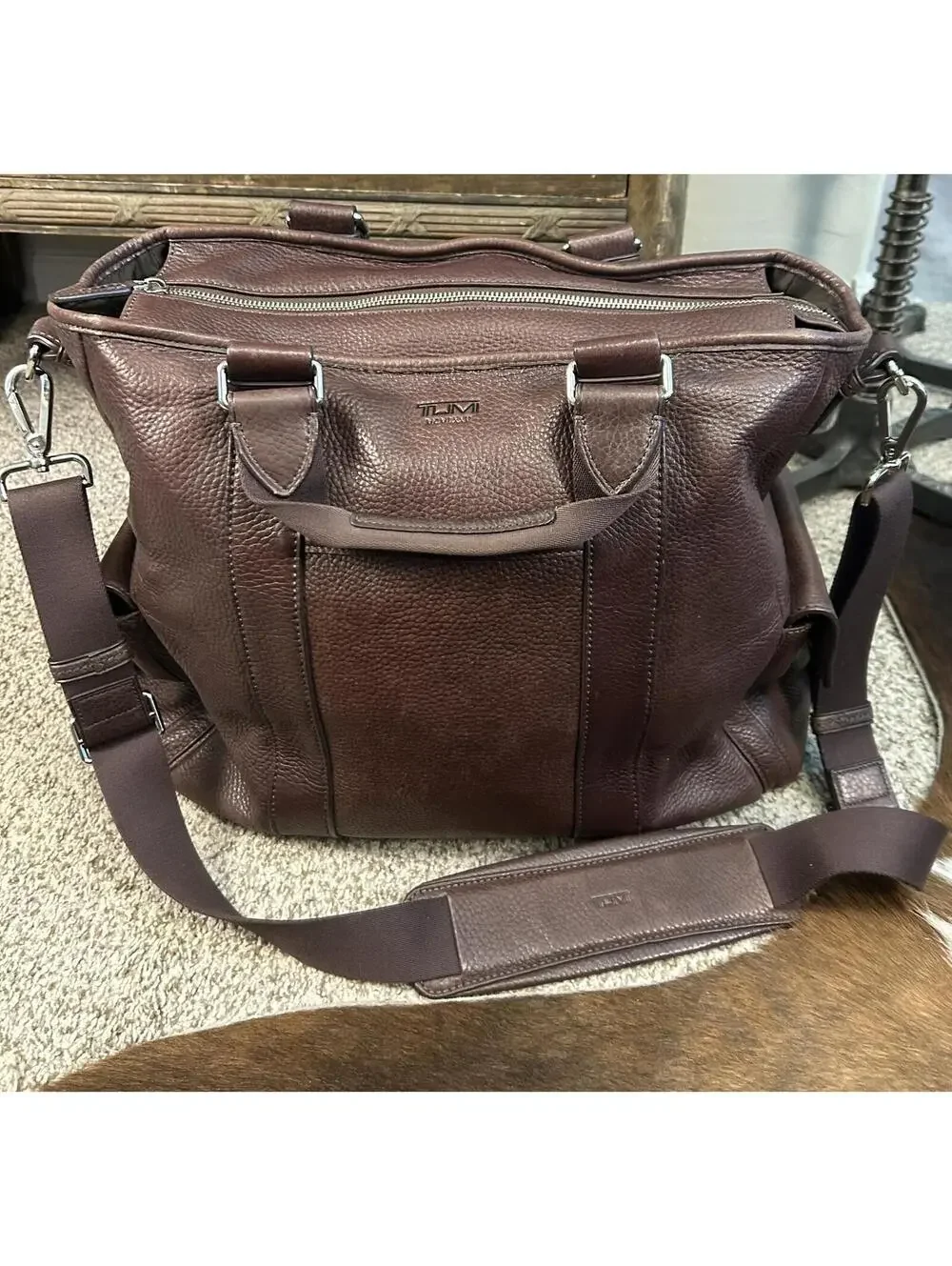 TUMI Brown Pebbled Leather Tote Shoulder Bag with Adjustable Strap